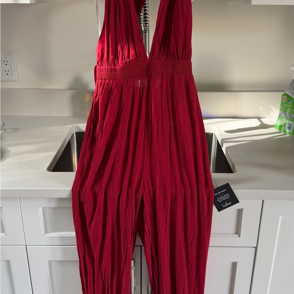 Lulu's Crimson V-Neck Sleeveless Jumpsuit